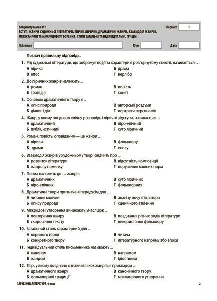 Зарубіжна література. 9 клас. Оцінювання. Усі діагностувальні роботи (Филипчук С.В.) y10271 фото